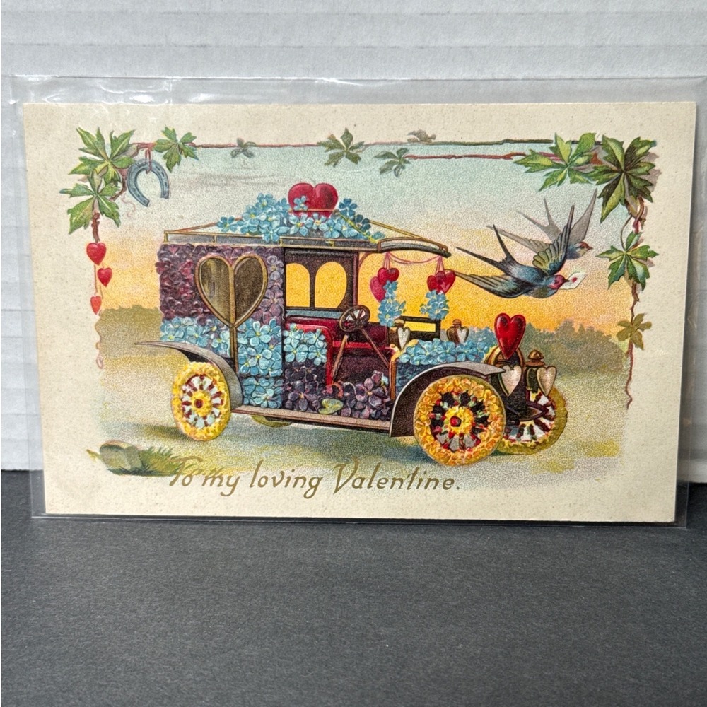 Antique Valentine Postcard Embossed Floral Car Germany Serie 14/4 Swallow Card